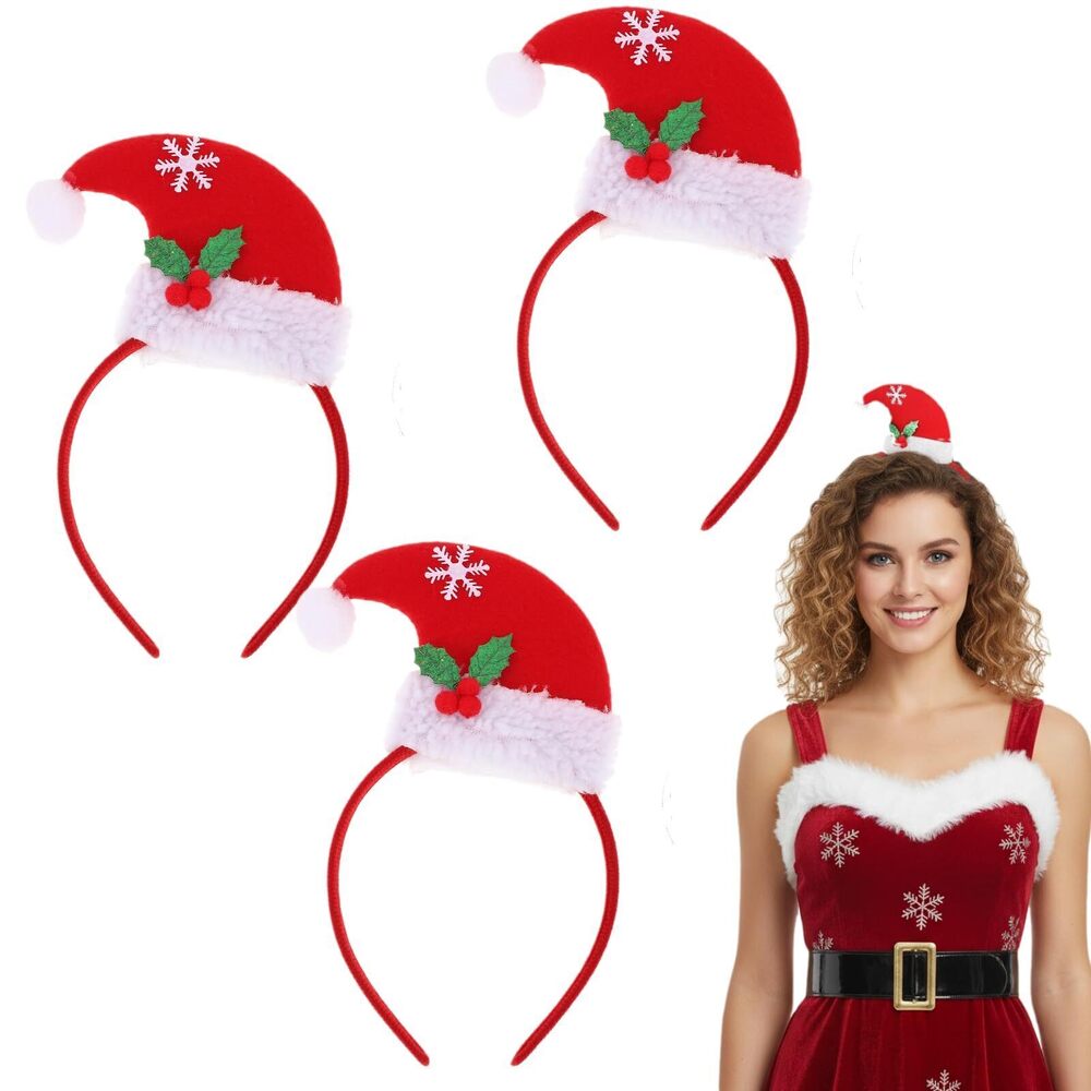 6277 3 Pcs Christmas Headbands: Santa Hat hoop with Red Berries for Adults